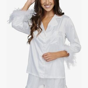 Elegant White Feather Trim Pajama Set